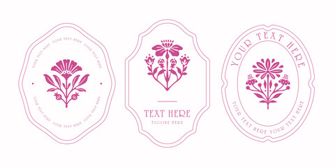 Floral badge logo set with editable text and ornamental vector frames