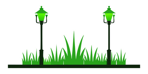 Green grass illuminated by glowing streetlights night park