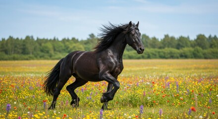 Black horse galloping through colorful meadow (1)
