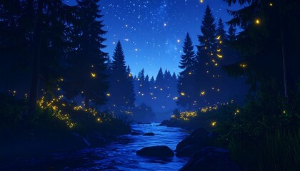 Fototapeta premium Night forest river with fireflies