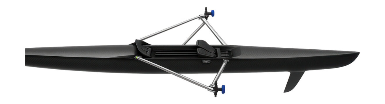 Racing skiff with adjustable riggers and high-performance fin