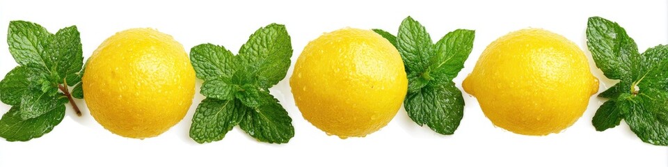 Lemons and mint leaves arranged in a horizontal row