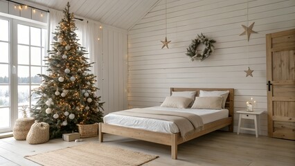 Scandinavian White Paneled Bedroom with Wooden Star Tree