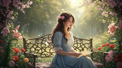 Young woman sitting on a park bench reading a letter, surrounded by flowers and lush greenery. Park bench offers peaceful moment for thoughtful woman with flowers. - Powered by Adobe