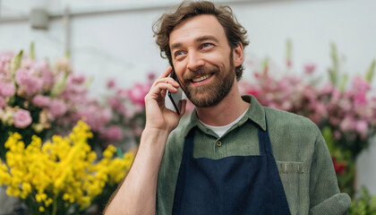 A flower shop salesperson is talking on the phone and smiling.