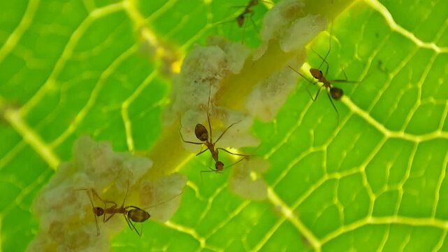 Macro a group of red ants on the leaves. Selective focus