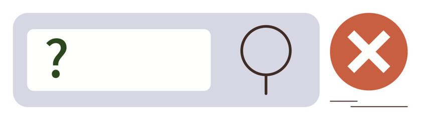 Search bar with question mark, magnifying glass icon, and red cross error symbol. Ideal for failed search, error message, troubleshooting, warning, web interface, UX design simple flat metaphor