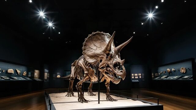 Dinosaur skeleton on display in museum exhibit space. Triceratops fossil exhibit features prehistoric dinosaur skeleton, showing its bone structure.
