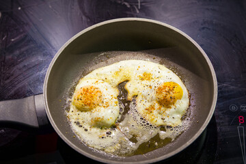 High angle view of two fried eggs in pan. Photo taken July 31st, 2025, Zurich, Switzerland.