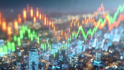 Stock market graph loop with colorful candlestick chart overlay on cityscape at night showing financial data and trading activity in dynamic growth trends and futuristic market analysis - Powered by Adobe