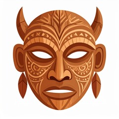 Wooden Tribal Mask with Horns in Brown Color Tone Isolated on White Background