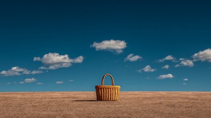Serene open field with a single picnic basket under a vast blue sky, creating peaceful negative space for text and design use, symbolizing relaxation, freedom, and outdoor leisure moments