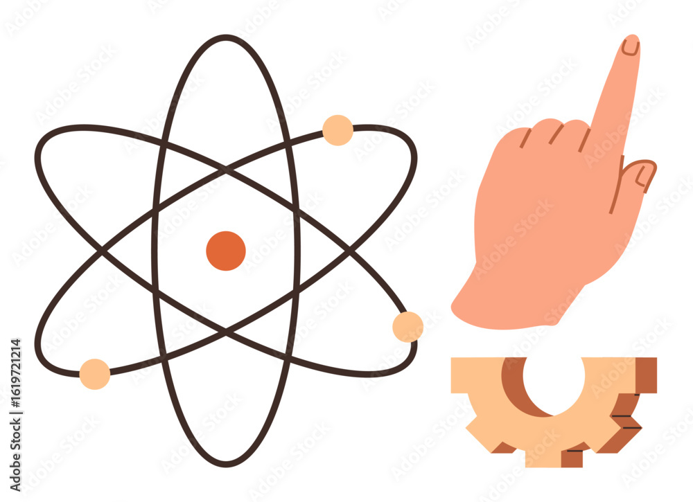 Poster atom model with orbiting dots, upward-pointing hand, and broken gear symbolizing science, progress, 