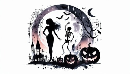 Fototapeta premium Halloween spooky night scene with skeleton woman pumpkins and haunted house vector art