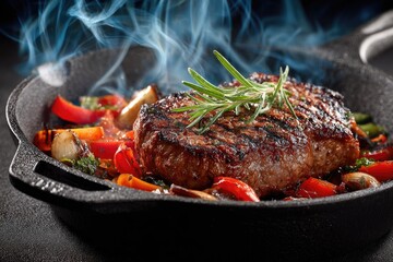 Sizzling steak and colorful vegetables in a cast iron skillet