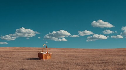 Beautiful sunny meadow with a single picnic basket placed on the grass beneath a clear blue sky, offering wide open negative space perfect for seasonal travel, holiday design, and relaxation themes
