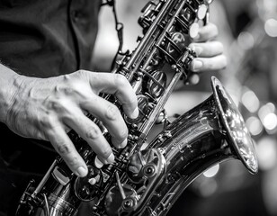 Obraz premium Saxophone player's hands on brass instrument