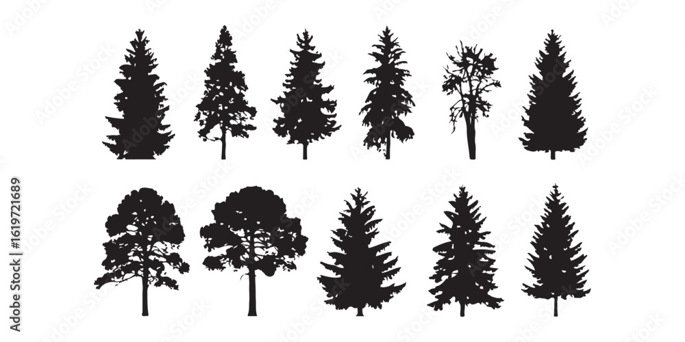 Aufkleber silhouette illustration of various types of trees on a white background for design elements
