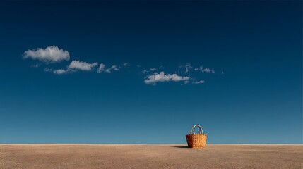 Serene open field with single picnic basket under vast blue sky, minimal design and negative space concept, perfect for summer leisure and outdoor lifestyle themes.