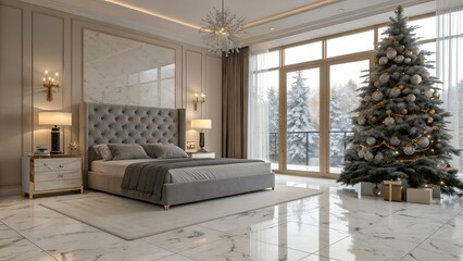 Tufted Gray Headboard and Brass Lamps in Festive Room