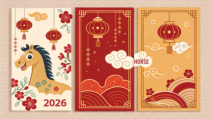 Three chinese new year of the horse cards display festive designs and traditional symbols