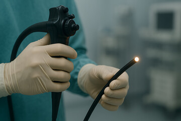 Close-up of a medical professional holding an illuminated endoscope, preparing for an internal diagnostic procedure in a sterile clinical environment.