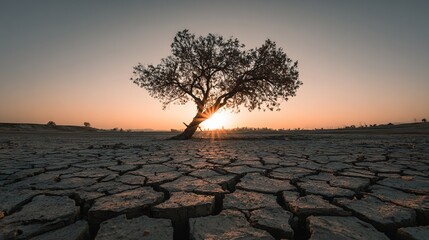Lone Tree in Dry Cracked Land at Sunset. High quality
