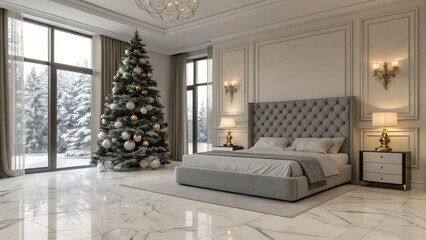 Luxury Modern Bedroom with Marble Floor and Crystal Holiday Tree