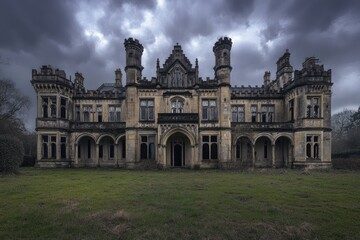 Fototapeta premium A grand, weathered mansion, shrouded in a stormy sky. Dark clouds loom over a crumbling estate. Stone facade shows signs of age and neglect. Empty windows stare out