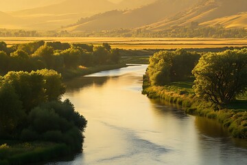 A quiet stream flows through dense greenery and rolling hills.