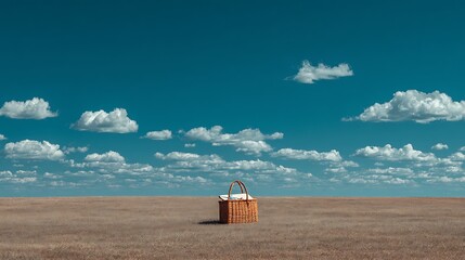 Expansive grassy field with a single picnic basket under a bright blue sky, showcasing wide negative space ideal for advertising, travel promotions, summer lifestyle, and outdoor leisure designs