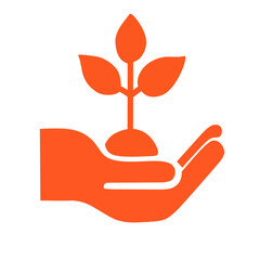 Orange hand holding a sapling with three leaves isolated on a white background