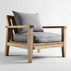 A wooden chair with a grey and black striped pillow