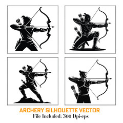 Archery silhouette vector set, bow and arrow target practice, warrior and athlete pose collection
