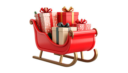 Santa Claus sleigh with shiny red gift box with ribbon and gold bow isolated on white background