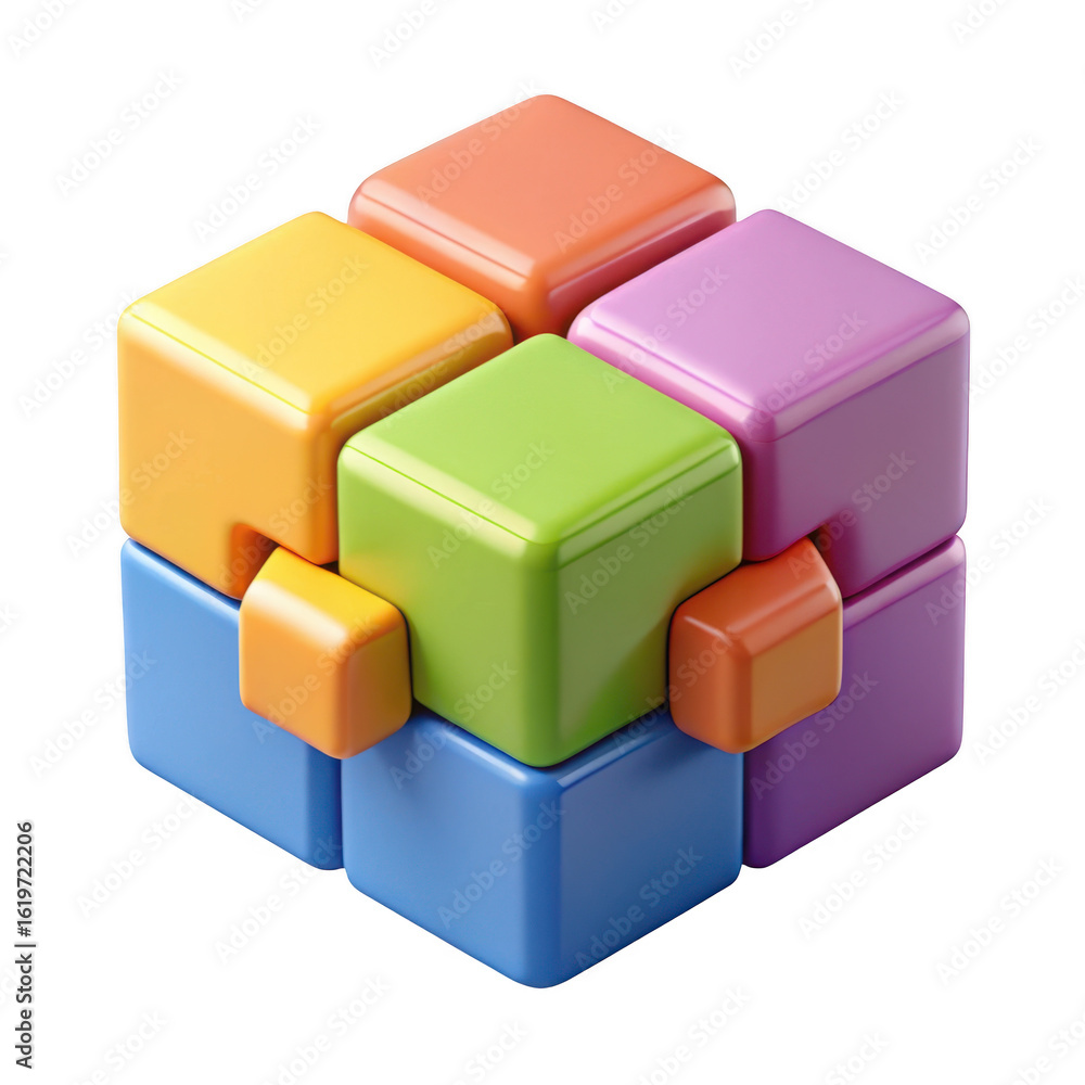 Poster 3d colorful cube puzzle toy isolated on transparent background