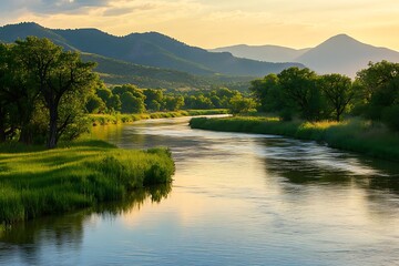 A calm river curves gently through a vibrant, green valley floor.