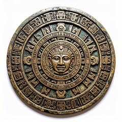 Detailed Ancient Mayan Stone Carving of Sun Face with Glyphs on White Backdrop
