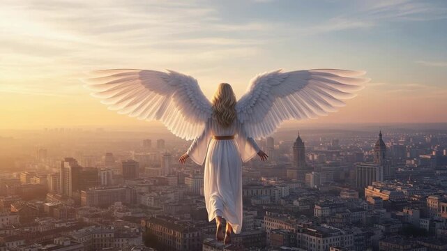 Angel wings spread wide above city during golden hour. This angel wings image shows soaring, divine figure in white robe with feathers against urban skyline, emphasizing peace and hope.