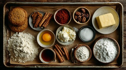 Flatlay of Christmas cookie ingredients on baking tray with empty parchment paper center, including flour, sugar, butter, eggs, and spices for festive homemade treats.