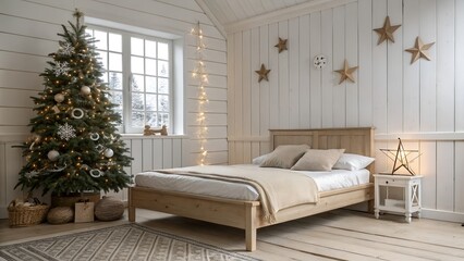 White Paneled Room with Oak Floor and Festive Christmas Tree