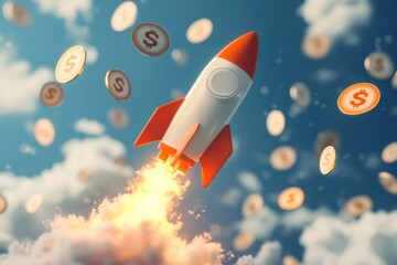 3D rocket flying among floating dollar signs, sky and clouds background, crypto boom metaphor