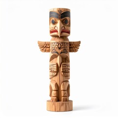 Detailed Wooden Totem Pole Featuring Carved Animal Designs on a Clean White Background