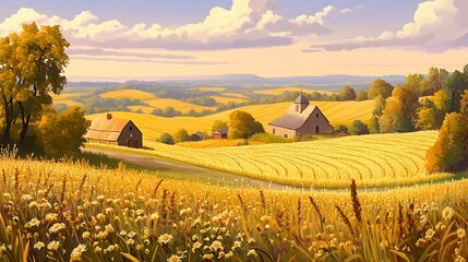 A serene farmland vista with patterned crops and lined horizons.