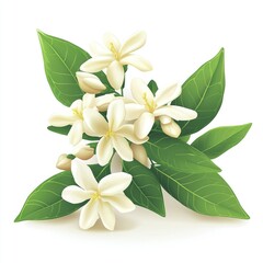 Fototapeta premium Close-up of a cluster of delicate white flowers and lush green leaves