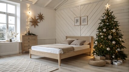 Scandinavian Holiday Bedroom with Wooden Stars and Beige Pillows
