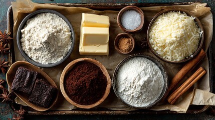 Top view flatlay of Christmas cookie baking ingredients on tray with blank parchment paper, featuring cinnamon, nutmeg, brown sugar, butter for festive homemade desserts.