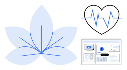 Lotus symbol, heartbeat line inside heart, and web interface screen combine health, data, tech, and wellness. Ideal for holistic living, meditation, fitness technology health data simple flat