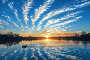 Serene sunset over a placid lake, with a small boat gliding across the water, and a dramatic sky filled with feathery clouds