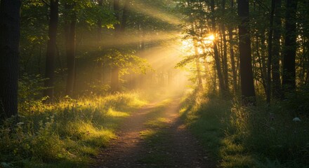 Naklejka premium Pathway through a forest bathed in sunlight, creating a serene and vibrant nature scene
